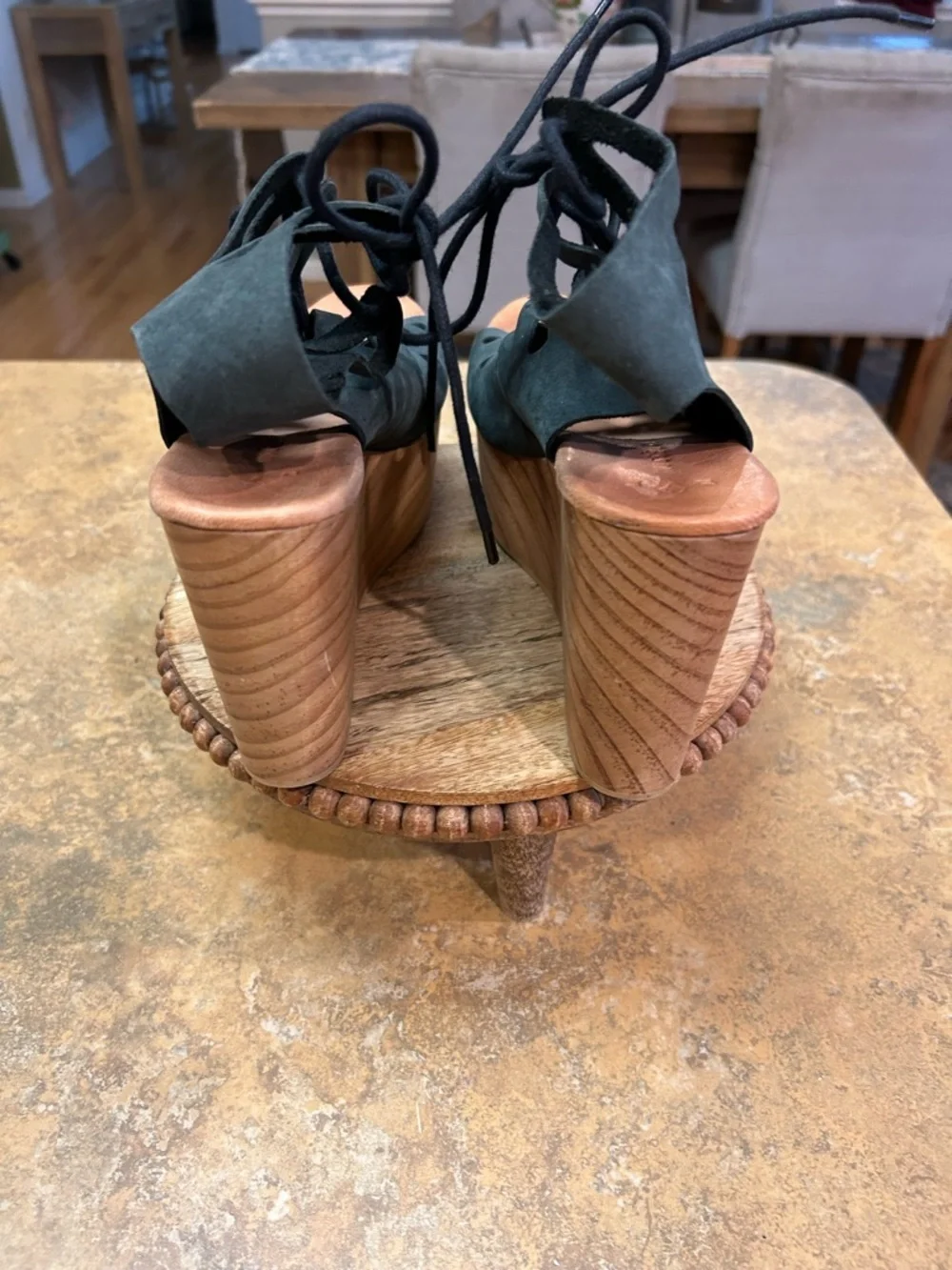 Muse & Cloud Oneka Lace-Up Cutout Suede Retro Wood Platform Sandals